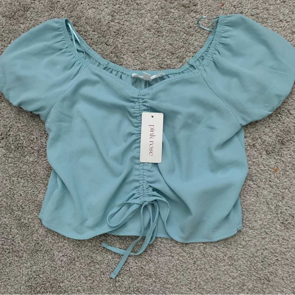 Pink Rose Women's Sky Blue Ruched Drawstring Crop Top